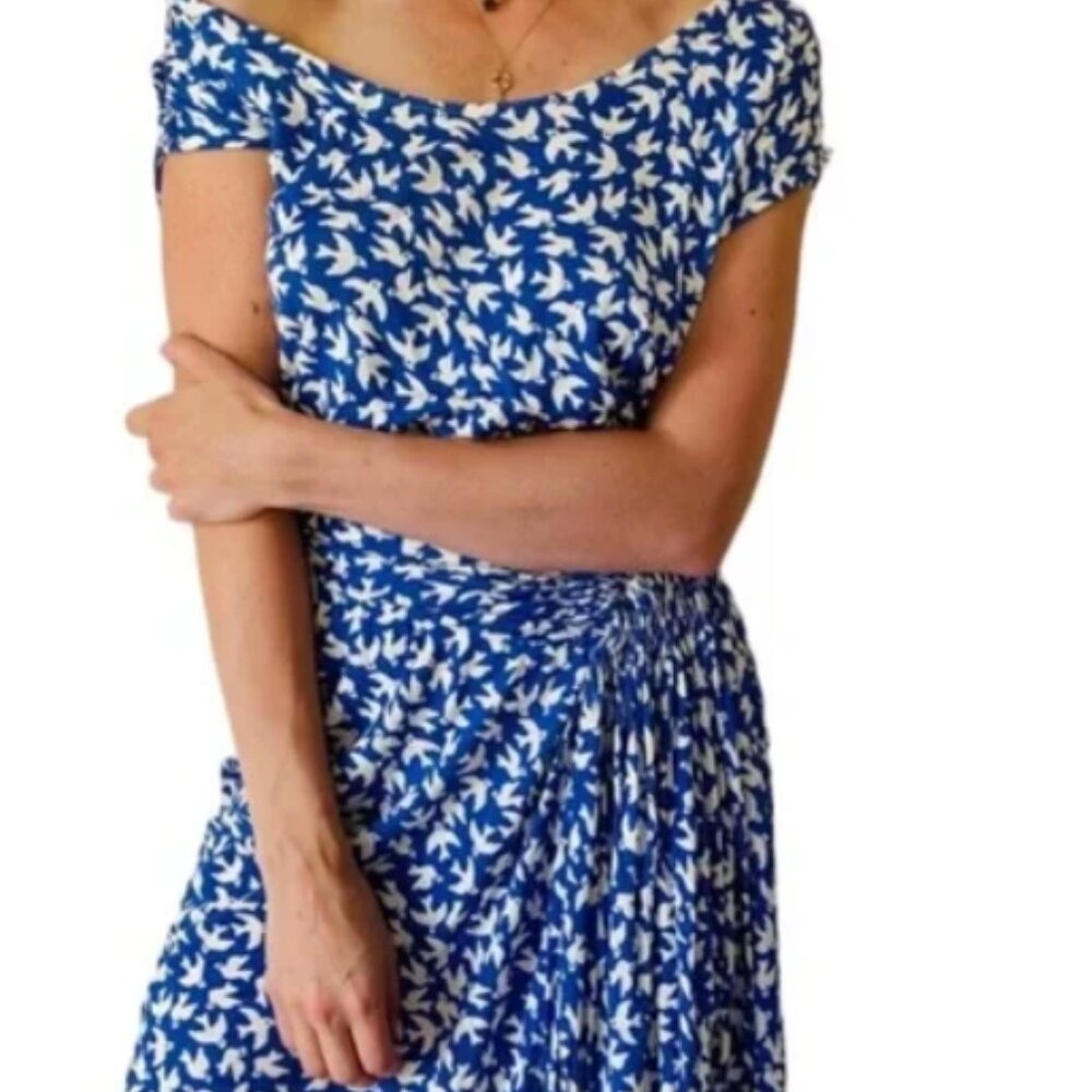Anthropologie Leifnotes Women Blue Dove Bird Print Dress Size L Asymmetrical